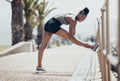 Black woman, stretching and exercise for run, workout and fitness outdoor in street in sunshine. Girl, happy and runner Royalty Free Stock Photo