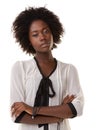 Black woman, studio portrait and arms crossed with focus, serious and beauty by white background. Isolated woman