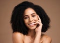 Black woman, studio portrait and smile with beauty, makeup and cosmetic wellness with hands, face or natural hair. Model Royalty Free Stock Photo