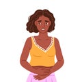 Black woman, suffering from acute abdominal pain, diarrhea, bloating, holds her stomach. Painful menstruation. Hand