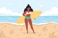 Black woman with surfboard on the beach. Summer activity, summertime, surfing. Hello summer. Summer Vacation. Hand drawn