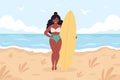 Black woman with surfboard on the beach. Summer activity, summertime, surfing. Hello summer. Summer Vacation. Hand drawn