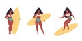 Black woman with surfboard. Summer activity, water sport, surfing. Hello summer. Summer Vacation. Hand drawn vector