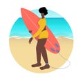Black woman surfer with surfboard in hand.Surfer woman.Young woman holding surfboard flat illustration vector.Surfing,
