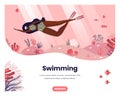 Black Woman Swimming With Mask Underwater. Sea Beach Vacation. Dive Under Water And Swim. Vector Web Site Design