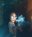 Black woman, tech overlay and global business on phone at night for research and cybersecurity. Iot future 3d hologram