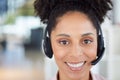 Black woman, telemarketing portrait and happiness in call center office, customer support or crm consultant smile. Happy Royalty Free Stock Photo