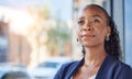 Black woman, thinking and business, future and ideas with lawyer and career at law firm. African female attorney at Royalty Free Stock Photo