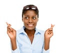 Black woman, thinking and fingers crossed for luck or hope isolated on a transparent PNG background. Face of African