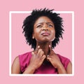 Black woman, throat and sick pain on pink background frame medical health risk in studio. Sore neck, female anatomy or