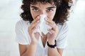 Black woman, tissue and blowing nose in home for portrait with allergies, sneeze and blurred background. Gen z girl Royalty Free Stock Photo