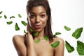 Black woman touching blow out freshness, leavs of mint Royalty Free Stock Photo