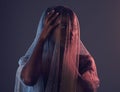 Black woman, veil and fashion with creative, fabric and elegance with girl on dark studio background. African American