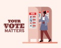 Black woman at voting booth with your vote matters text vector design Royalty Free Stock Photo