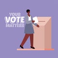 Black woman and voting box with your vote matters text vector design Royalty Free Stock Photo