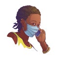 Black woman wearing medical protection face mask and speaking on the phone. Painted sketch, isolated on a white Royalty Free Stock Photo