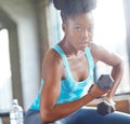 Black woman, weight lifting and portrait in gym for fitness with dumbbell, workout challenge or strong muscle Royalty Free Stock Photo