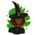 Black woman witch portrait in hat. Halloween witch female avatar in cartoon style Royalty Free Stock Photo