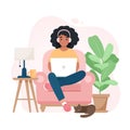 Black woman work from home concept, chair with laptop, student or freelancer. Cute vector illustration in flat style