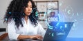 Black woman working in laptop, CBDC glowing hologram hud with dashboard Royalty Free Stock Photo