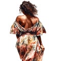 Black women boho fashion back view watercolor illustration