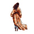 Black women boho fashion back view watercolor illustration