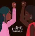 Black women cartoons with fists up in side view with black lives matters text vector design