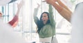 Black woman cheers, team and applause with success and support, solidarity to celebrate professional win. Business Royalty Free Stock Photo