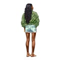 Black women green fashion clothing back view watercolor illustration