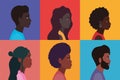 Black women and men cartoons in multicolored frames background vector design