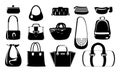 Black women purse. Silhouettes of trendy fashion clutch. Hobo and everyday bags. Casual backpack and shopper. Female