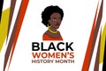 Black women`s history month. Vector banner, llustration for social media, card, poster. Portret of Pretty African-American woman.