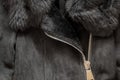 Black women`s sheepskin coat with zipper as background, clothes