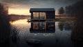 Black wood house on the lake, sunset, Generative AI Royalty Free Stock Photo