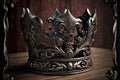 A black wood table with a silver metal king or queens crown on it