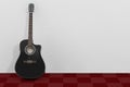 Black Wooden Acoustic Guitar in Room with Red Carpet Floor and W Royalty Free Stock Photo