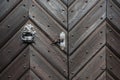 Black wooden door with iron decoration background and texture