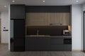 Black and Wooden Feature cupboard Cabinet with water tap, Fridge in Contemporary Kitchen, 3D rendering