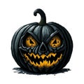 Black wooden Halloween pumpkin. Jack o\'lantern with pumpkin head with scary evil face on spooky holiday.