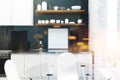 Black wooden kitchen, white chairs, poster toned Royalty Free Stock Photo