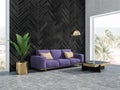 Black wooden living room, purple sofa Royalty Free Stock Photo