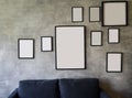Black wooden photo frames mockup, set collection on modern wall, interior decor Royalty Free Stock Photo