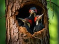 Black woodpecker Dryocopus martius with two youngs in the nest hole. Wildlife scene from Czech forest Royalty Free Stock Photo