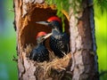 Black woodpecker Dryocopus martius with two youngs in the nest Wildlife scene from Czech forest Royalty Free Stock Photo