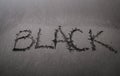 BLACK word handwritten inscription on the black sand Madeira beach as a Black Friday sales concept