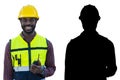 Black worker African male engineer foreman with radio happy smiling isolated on white background Royalty Free Stock Photo