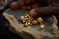 A black worker holds pure gold nuggets in his hand. Ai generated