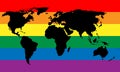 Black world map silhouette on LGBT rainbow pride flag background. Lesbian, gay, bisexual, and transgender stylish design Royalty Free Stock Photo