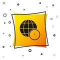 Black World time icon isolated on white background. Clock and globe. Yellow square button. Vector