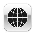 Black Worldwide icon isolated on white background. Pin on globe. Silver square button. Vector Illustration